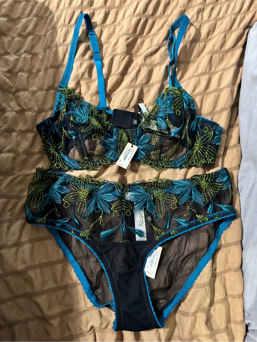 For Love And Lemons Teal and Lime Embroidered Sheer Bra & Brief Set